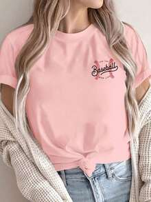 [Impresión a Doble Cara] Camiseta de Mujer, Top Casual de Manga Corta y Cuello Redondo, Con Costuras Estilo Béisbol y el Texto "LIVIN' THAT MOM LIFE", Lavable a Máquina, Adecuada para Uso Casual, Ropa Multiusos, Camiseta a la Moda, Material Cómodo, Para Entusiastas del Estilo - Rosa - Ver 4