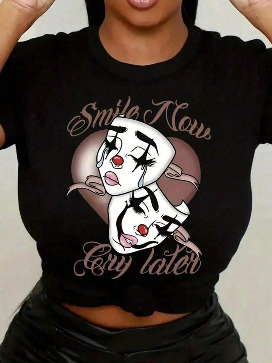 Smile Now, Cry Later - Women's T-Shirt, Short Sleeve, Round Neck, Printed, Casual Summer Fashion 2EYN - 黑色 - 查看 1