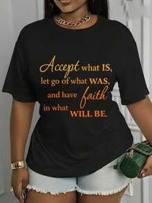 Women's Casual T-Shirt With Inspirational Phrase 'Accept The Present, Free Yourself From The Past And Have Faith', Short Sleeve, Round Neck, Regular Fit, Spring, Summer And Autumn, Machine Washable, Gift For Her, Spring Fashion, Graphic Print T-Shirt, Comfortable And Soft Clothing - 黑色 - 查看 7