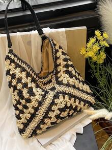 Túi tote đan tay bằng rơm phong cách nghỉ dưỡng, hàng mới về, túi đan thủ công cỡ nhỏ, túi đeo vai dung tích lớn dành cho nữ. - màu đen - Xem 2