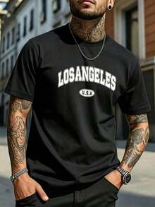 Men's 100% Cotton Crew Neck T-Shirt, Casual Short Sleeve T-Shirt With "LOS ANGELES U.S.A." Letter Print, Slim Fit In Black, Breathable Fabric For Everyday Use, American Vintage Style. - 黑色 - 查看 7