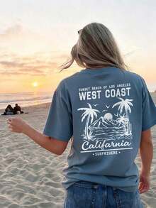 Women's Short-Sleeved T-Shirt With A Round Neck, Casual Summer Style, Palm Tree Print And Slogan, Simple And Versatile, Suitable For Everyday Wear. Printed T-Shirt, Women's Tops, Vacation - 灰藍色 - 查看 5