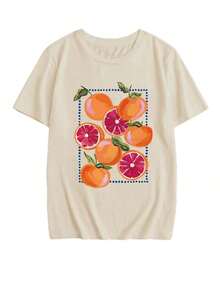 1 pieza de camiseta de manga corta con cuello redondo y estampado naranja, estilo casual de verano, moderna y versátil para mujer. - Albaricoque - Ver 5