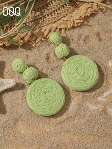 OOQ 1 Pair Handmade Raffia Geometric Double Circle Earrings, Fashion Sweet Elegant Versatile Earrings For Women, Suitable For Beach Vacation Travel Outfit Accessories (Handmade Raffia Weaving, Shape & Direction Random) - Light Green - View 3