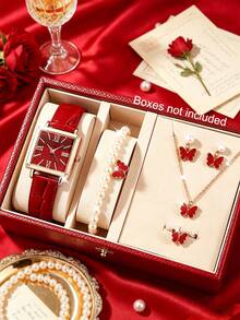 6pcs/Set Women's Elegant Luxury Quartz Watch With Cube Dial, Butterfly Pendant Beaded Jewelry Set, Versatile Daily Wear, Multiple Colors, Birthday/Valentine's Gift - Multicolor - View 8