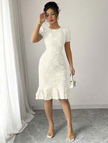 Vestido elegante de mujer de tela jacquard con cuello redondo, mangas abullonadas y volante en el bajo, de silueta ceñida y longitud media.Adecuado para diversos ocasiones como uso diario, cócteles y estilo callejero.Verano - Albaricoque - Ver 5