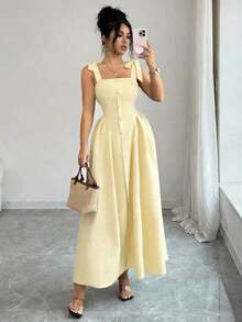 Nuevo vestido midi tejido bicolor con textura y tirantes anudados, elegante y versátil para uso en la oficina - amarillo ganso - Ver 7