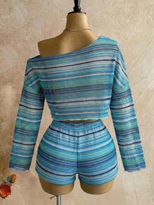 Conjunto de 2 piezas de top y shorts de cuello asimétrico de color sólido para mujer, estilo casual de vacaciones - Azul - Ver 5
