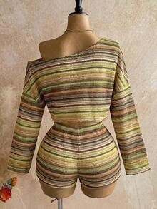 Casual 2-Piece Set Consisting Of A Cropped Top With An Irregular Neckline And Lettuce Hem, And Shorts, In A Solid Color, For Vacation, Spring/Summer - 橄欖綠 - 查看 8