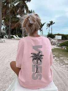 Women's Short-Sleeved T-Shirt With A Round Neck, Featuring A Minimalist Coconut Tree Print And Slogan. Simple And Versatile, Suitable For Everyday Wear And Vacations. Graphic T-Shirt, Women's, White, Black, Pink, Summer - 羅莎 - 查看 1