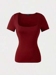 Blusa de manga corta y cuello redondo casual y elegante, adecuada para uso diario, ir al trabajo y salir, color negro para primavera/verano - Rojo - Ver 6