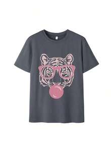 Green Short-Sleeved T-Shirt With A Round Neck, Loose And Versatile Style, With A Tiger Mouth And Bubble Print, Minimalist Summer Fashion For Women, Suitable For Everyday Wear And Holidays - 深灰色 - 查看 2