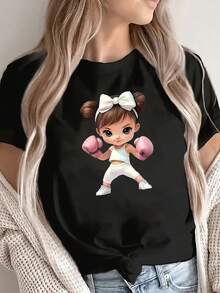 Women's Boxing Print T-Shirt - Cute Short-Sleeved, Round-Neck Sports T-Shirt With Medium-Stretch Fabric Suitable For Fitness And Casual Wear - Machine-Washable Workout T-Shirt, Perfect For Everyday Use. - 黑色 - 查看 11