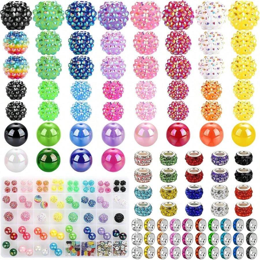 Beads For Pens Keychains, 200pcs Bubblegum Focal Beads For Beadable Pens, 12mm 16mm 20mm Rainbow Acrylic Chunky Beads With Rhinestone Rondelle Spacer Bead For DIY Craft Making Supplies - #3 多種尺寸 + #3 多種類型 - 查看 1