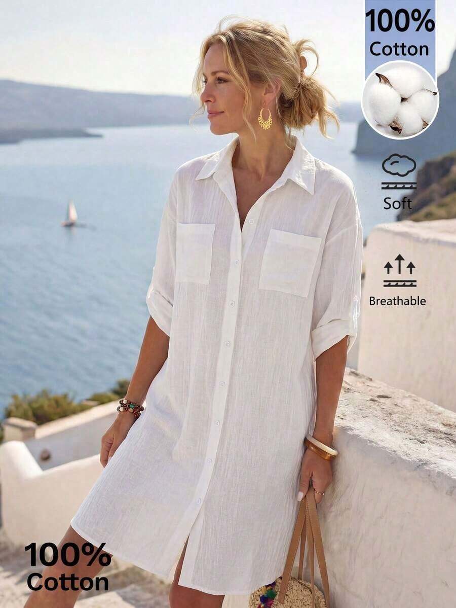 MEXFaunlyn Vestido de camisa de botones delanteros con mangas enrolladas a rayas para mujer para vacaciones y ocioMEX K4JV - Blanco - Ver 1
