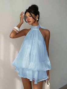 Elegant Women's Mini Dress With Halter Neck And Bow In Light Yellow - Celeste 2 - 查看 7