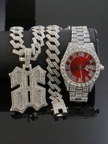 Ice Diamond Reverse 66 全水鑽珠寶套組，項鍊 + 手鍊 + 手錶，男士嘻哈奢華配件，送給父親和男友的禮物 - 反向數位66首飾套裝 - 查看 12