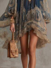 2026 New Arrival Womens Boho Floral Print Chiffon Dress Long Sleeve High Neck Flowy Tunic With Cape Scarf Vacation Resort Outfit - 藏青色 - 查看 5