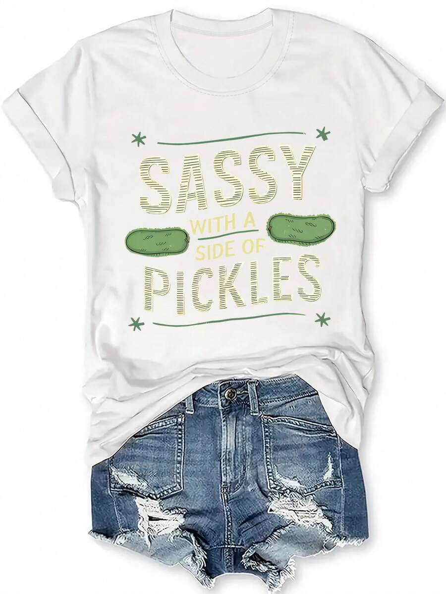 Camiseta divertida con estampado de pepinillos encurtidos, top casual de manga corta y cuello redondo, ropa de mujer para primavera/verano. - Blanco - Ver 1