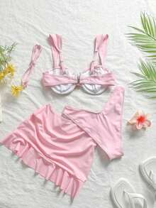 Conjunto de traje de baño tipo tankini de 3 piezas de unicolor, diseño de tirantes anchos con aros para un soporte cómodo, estilo de playa de moda, perfecto para fiestas de playa y piscina en verano Blanco - Rosa - Ver 4