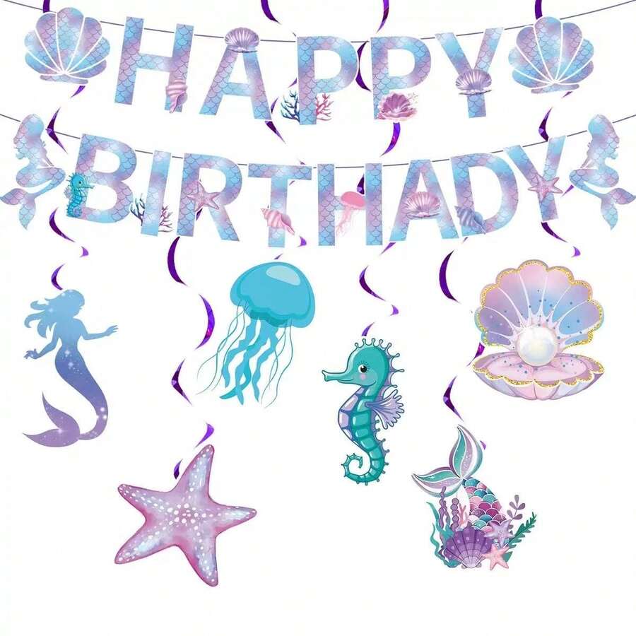 24pcs Ocean-Themed Birthday Party Bunting Set, Including 18pcs Buntings And 6pcs Hanging Spirals, Suitable For Birthdays, Parties, Weddings, Home Hanging Decorations, Spring Decorations, Holiday Basket Fillers, Photo Backdrops, Bohemian-Style Decorations, And Aesthetic Room Decor - Multicolor - View 1