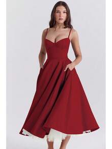 Sweetheart Neck Satin Midi Dress, Spaghetti Strap Flared Prom Dress With Pockets For Wedding & Formal Events - 紅色 - 查看 5
