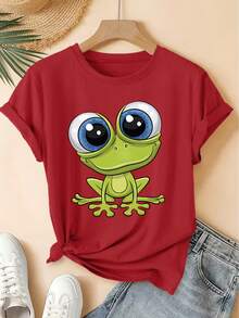 Retro Short-Sleeved T-Shirt With Big-Eyed Frog Print, Cool Forest Style, Loose Fit, Fashionable T-Shirt, Elegant For Spring And Summer Parties, Versatile Women's Clothing, Blouses For Ladies. - 白色 - 查看 8