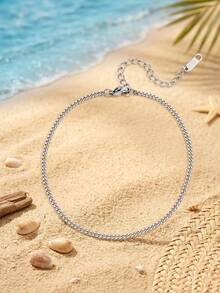 Elegante tobillera de cadena cubana de acero inoxidable en miniatura plateada, joyería minimalista para el pie en vacaciones de playa - Plateado - Ver 4
