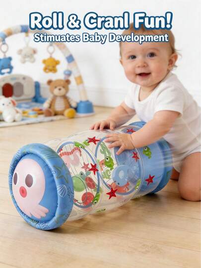 Baby Crawling Toys, Green & Blue, Early Development Activity Rattle Drum & Rolling Ball With Bells, Cute Animal Style, Helps Develop Motor Skills, Gift For 6 Months, 1 2 3 Year Old Children
