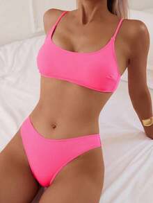 Conjunto de traje de baño para mujer, minimalista y elegante en magenta + multicolor, traje de baño casual y versátil para resort de playa - Rosa Fucsia - Ver 1