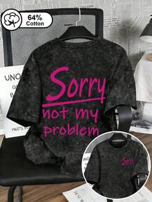 大尺碼女款T恤，「Sorry Not My Problem」字母印花、復古水洗短袖T恤、女款夏季上衣。休閒黑色 - 黑色 - 查看 1