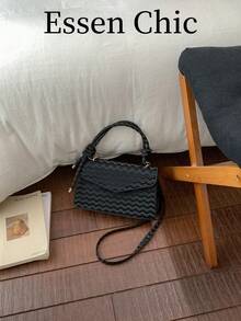 1pc Black Wavy Pattern PU Small Square Handbag, Women's Spring Tote Bag With Shoulder Strap - Black - View 7