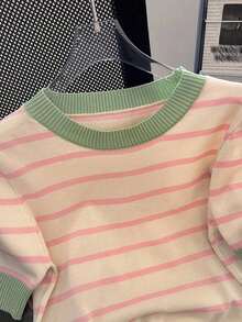 Camiseta de punto de manga corta a rayas de verano para mujer, nueva blusa casual versátil y elegante - Rosa - Ver 3