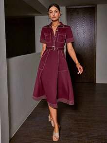 Vestido casual de mujer con inspiración vintage de manga corta, diseño de bloqueo de color con cuello, botones delanteros y bolsillos, cintura ajustada, tela ligera y transpirable sin estiramiento, fácil cuidado.Consulte la tabla de tallas al realizar la compra. - Rojo violeta - Ver 2