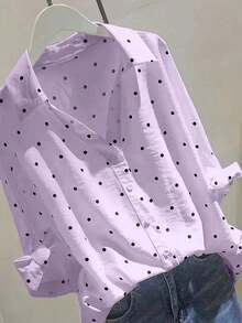 Camisa de mujer con botones y diseño de puños con corbata, de manga 3/4 con lunares, versátil para uso casual, de negocios, para ir y venir del trabajo, y para usar en primavera/verano/otoño de vacaciones - Morado - Ver 2