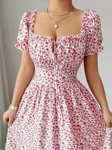 vestido de mujer con estampado digital, mangas abullonadas, nudo delantero, espalda descubierta y cintura ceñida.Elegante y chic para vacaciones, citas, estilizador y adelgazante - Rosa - Ver 3