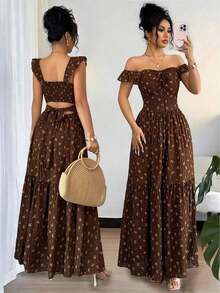 Vestido casual de mujer con estampado de lunares, verano - Marrón - Ver 1