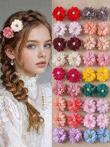 Set de 10 piezas de pasadores para el cabello con flores de tela y cristales de colores para niñas, lindos y elegantes, de color aleatorio, aptos para uso diario - Multicolor - Ver 1