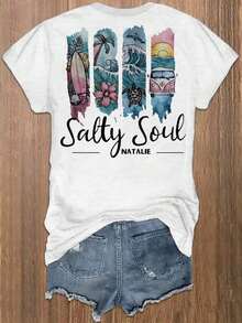 Women'S Bohemian Printed "Salty Soul" Pattern T-Shirt - Front And Rear Art Design, Soft And Elastic Round Neck Casual Top, Machine Washable Four Seasons Comfortable - 白色 - 查看 3