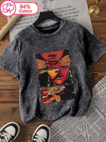 Camiseta de cuello redondo de manga corta de algodón casual y retro con lavado ácido para mujer de talla grande, estilo versátil de verano, estampada con un patrón de chica anime.