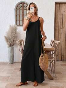 Mono Casual de Pierna Ancha con Bolsillos en Color Sólido para Mujer - Negro - Ver 4