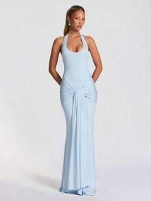 Elegant Sexy Halter Neck Ruched Waist Party Dress, Fashionable Cocktail Gown For Formal Events, Mermaid Style Long Cocktail Dress, Bridesmaid Or Guest Dress, Soft And Stretchy Fabric For Sexy Fitted Silhouette Wedding Pink - Màu xanh nhạt - Xem 18
