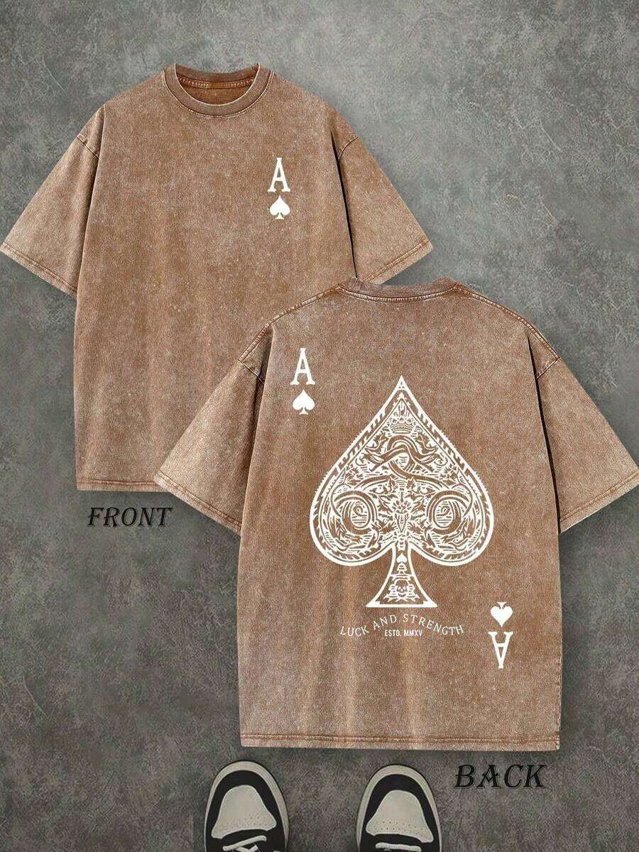 Retro Washed Double-Sided Printed T-Shirt (230 Pure Cotton) 'LUCK AND STRONG' With Lettering And Ace Of Spades Pattern, Men's T-Shirt, Casual, Comfortable And Fashionable Cotton Streetwear - 巧克力棕 - 查看 1
