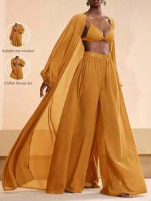 Conjunto de bata y pantalones de pierna ancha de unicolor para mujer, conjunto informal de cubrecuerpo para resort - Amarillo - Ver 9