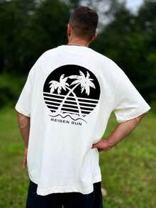 Coastal | New Men's Summer T-Shirt With Coconut Tree And Letter Print, Short Sleeve, Crew Neck, Casual Holiday Wear, 100% Cotton - 白色 - 查看 2