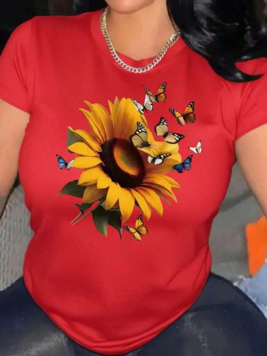 Camiseta Casual de Mujer con Estampado de Girasol y Mariposa Negra - Cuello Redondo, Manga Corta para Primavera Verano, Lavable a Máquina, Ropa Cómoda para Vacaciones 1 Sexy Casual Dulce Fiesta Elegante Alta elasticidad Playa Noche de fiesta Vacaciones Boda verano Gráfico de corazónPure-Cotton - Rojo - Ver 1