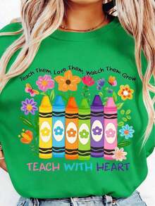 NuevoVeranoCasual |   100% Algodón Puro y Transpirable | Camiseta de Agradecimiento para Maestras Talla Grande - Gráfico de Enseñanza con Corazón, Colores Pastel - Algodón Suave y Transpirable Regalo Diario para Maestros para el Día del Maestro, Regreso a Clases - Ropa Casual para Maestras, Top Unisex para Verano-Vintage Street Style Unisex Loose Cotton Short Sleeve Crew Neck T-Shirt - Verde - Ver 6