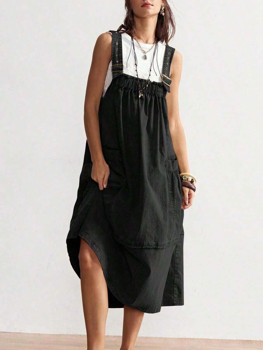 BohoFeels Vestido casual de unicolor, tejido, suelto y de largo medio para mujeres - Negro - Ver 1