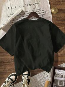 This Casual Women's Short-Sleeved Crew Neck T-Shirt In Black And White Features Cartoon, Letter, And Animal Prints, Making It Ideal For Summer, The Beach, And Vacations. Made From 200gsm 100% Pure Cotton, This High-Quality Short-Sleeved T-Shirt Is Soft And Comfortable, Making It An Everyday Essential. - 黑色 - 查看 2