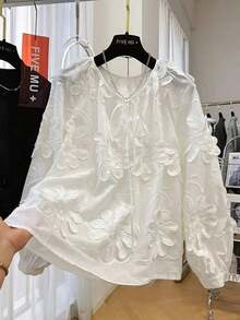 Blusa de manga larga con bordado floral 3D, diseño nuevo de primavera temprana, top casual holgado para mujer en color blanco - Blanco - Ver 4